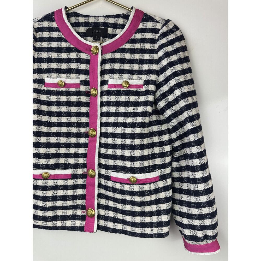 J. Crew Grosgrain Trim Jacket in Gingham Tweed AJ953 Pink Trim Women's Size 2 - Picture 5 of 16
